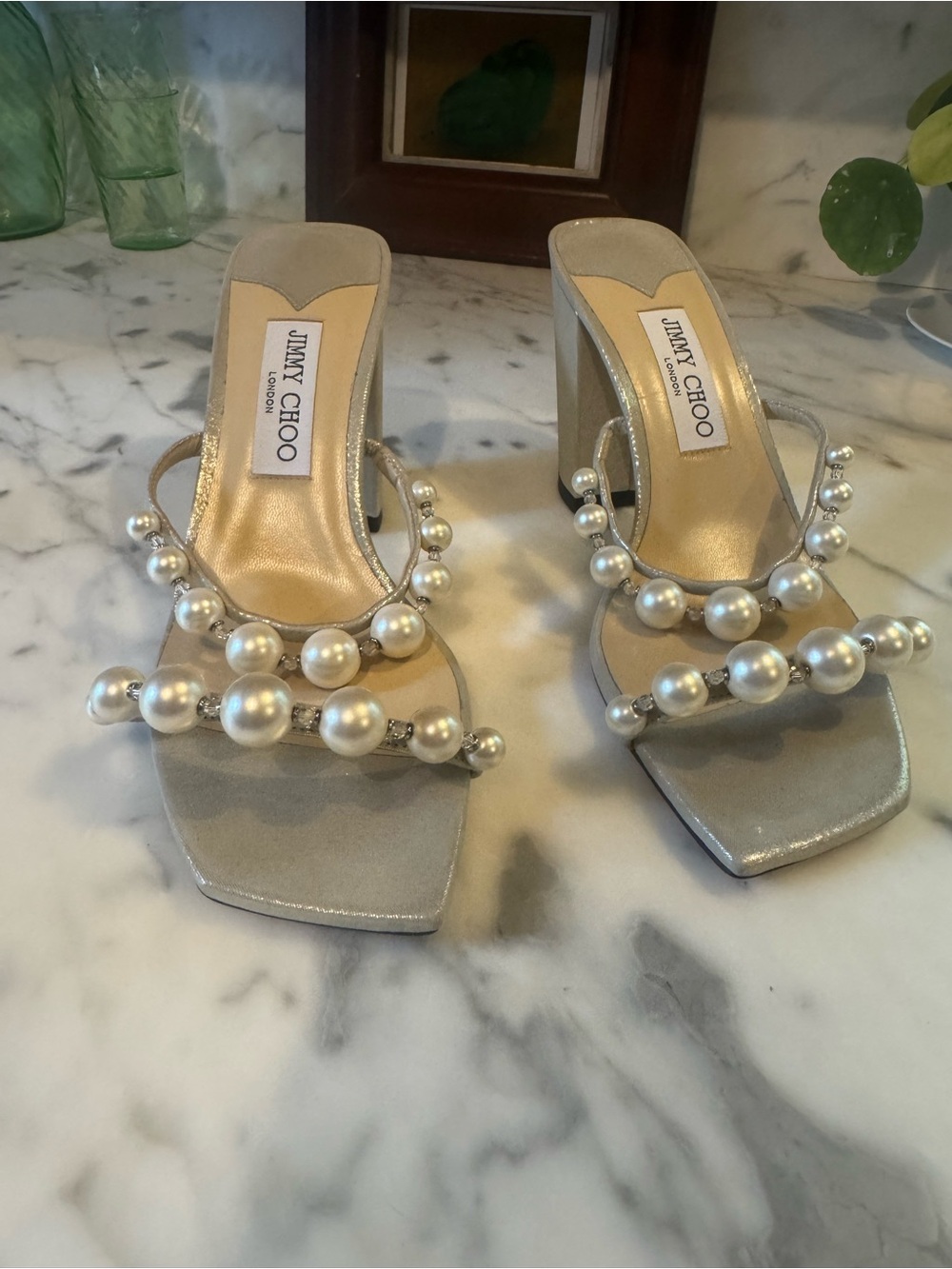 Jimmy Choo Amara champagne Pearl-Embellished Heel Slides